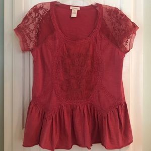 Brick red Sundance Catalog cotton and lace top.